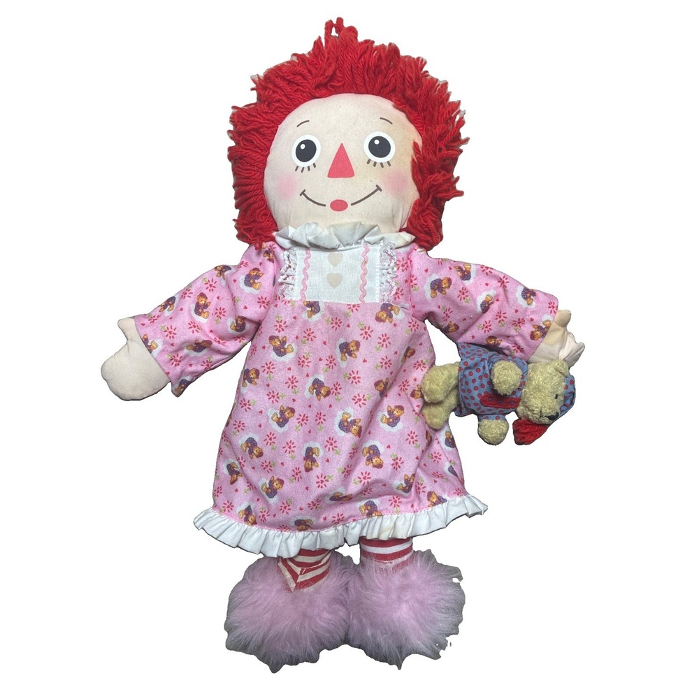 Hasbro Raggedy Ann Bedtime Doll Teddy Bear Fuzzy Slippers Nightgown 2002 70159